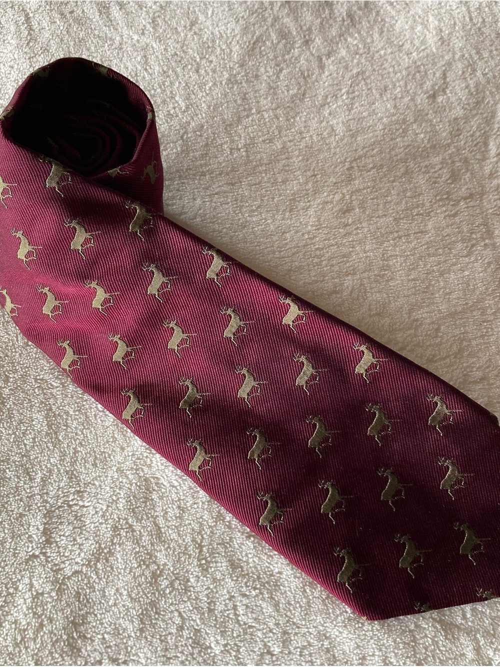 Vintage Polo Ralph Lauren Mens 100% Silk Tie Burgundy/Gold Deer Print Logo Italy